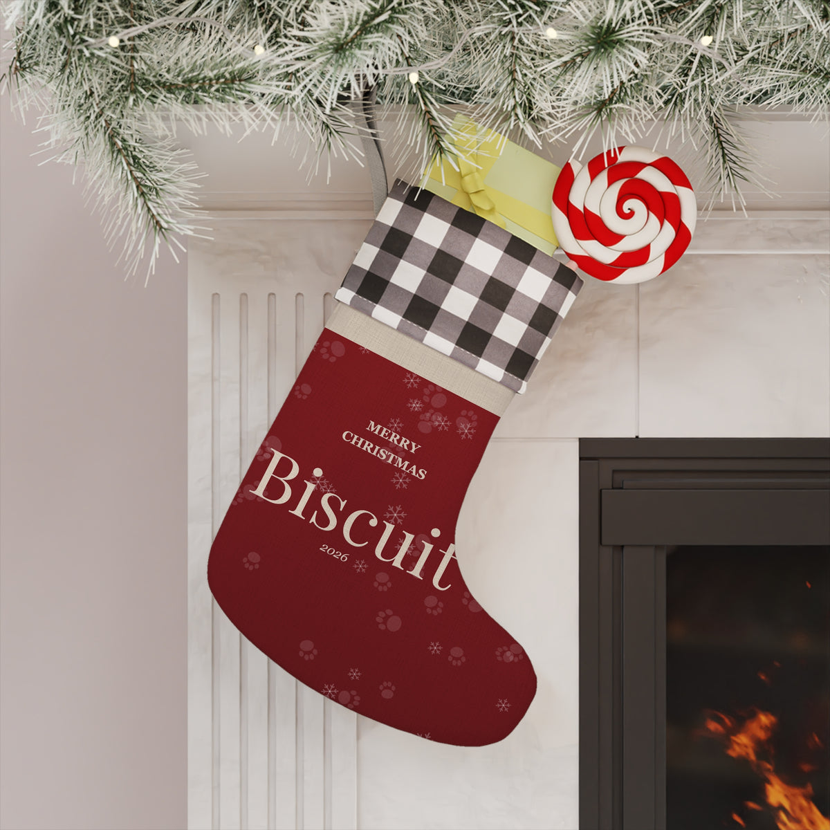 Personalized Pet Christmas Stocking - Custom Dog or Cat Name, Buffalo Plaid Cuff