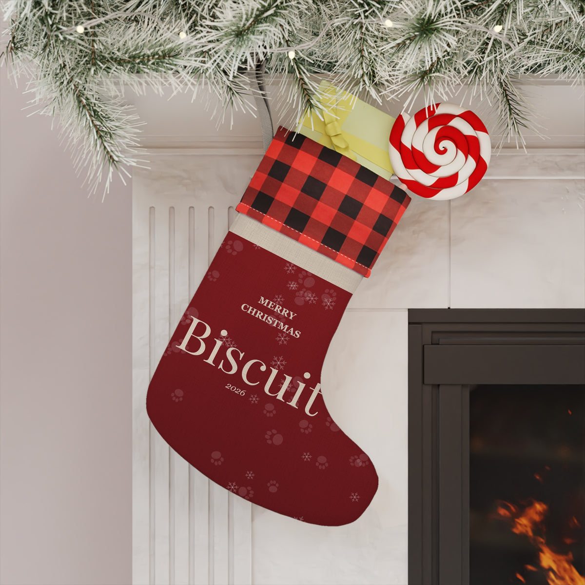Personalized Pet Christmas Stocking - Custom Dog or Cat Name, Buffalo Plaid Cuff