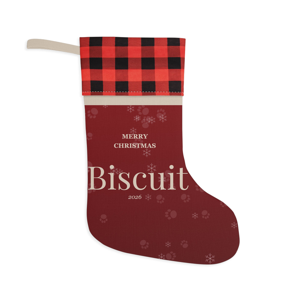 Personalized Pet Christmas Stocking - Custom Dog or Cat Name, Buffalo Plaid Cuff