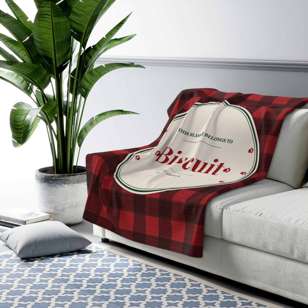 Personalized Dog Blanket with Name - Buffalo Plaid Sherpa Fleece