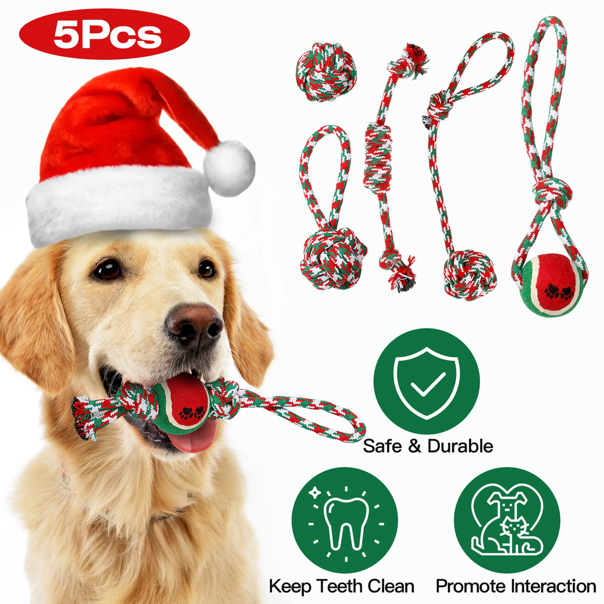 Christmas Rope Toy Set for Dogs, 5 Pieces
