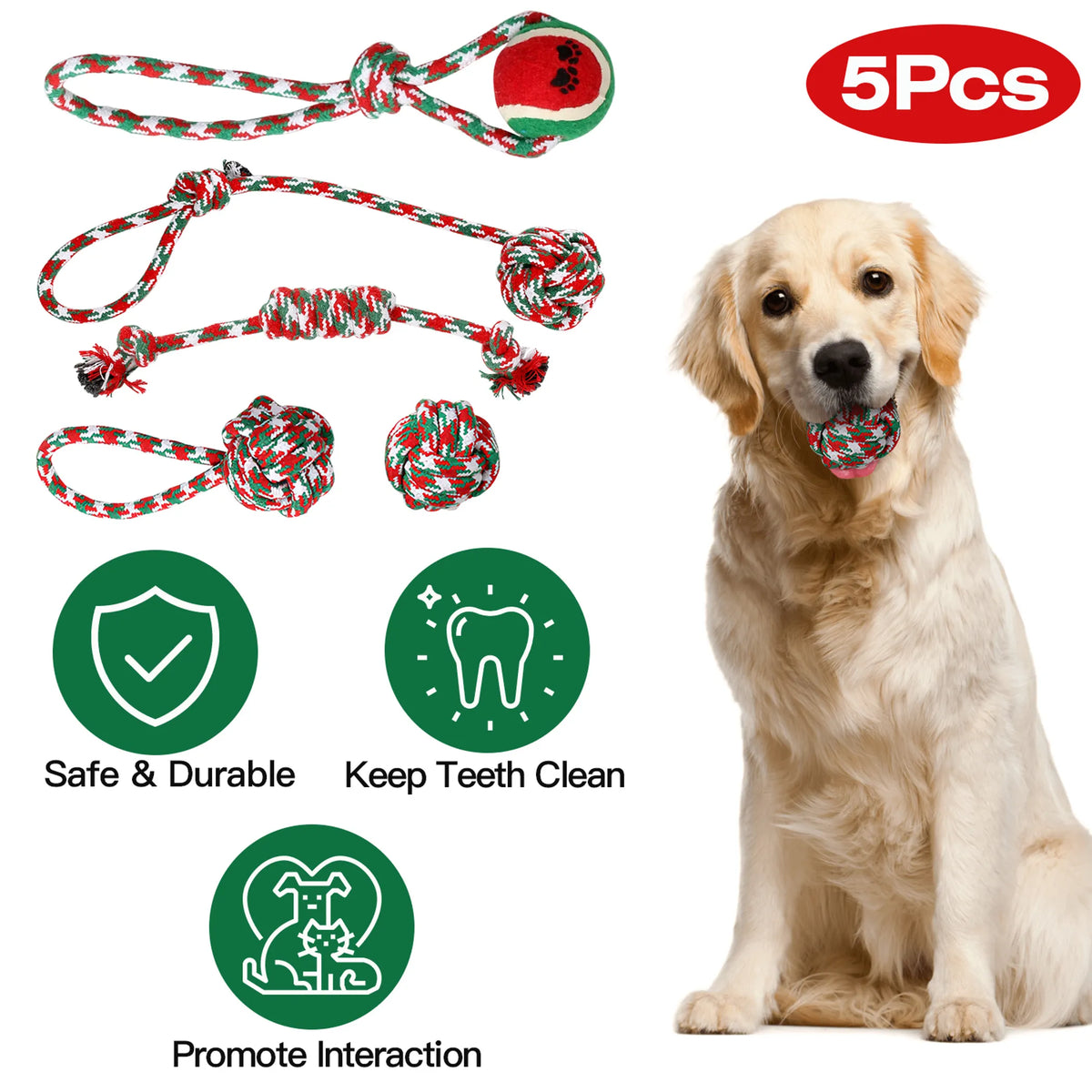 Christmas Rope Toy Set for Dogs, 5 Pieces