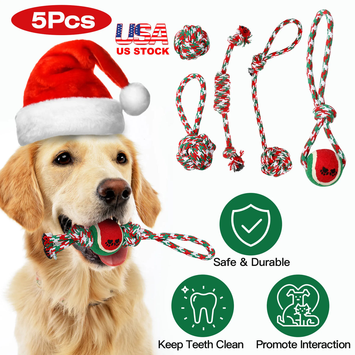 Christmas Rope Toy Set for Dogs, 5 Pieces