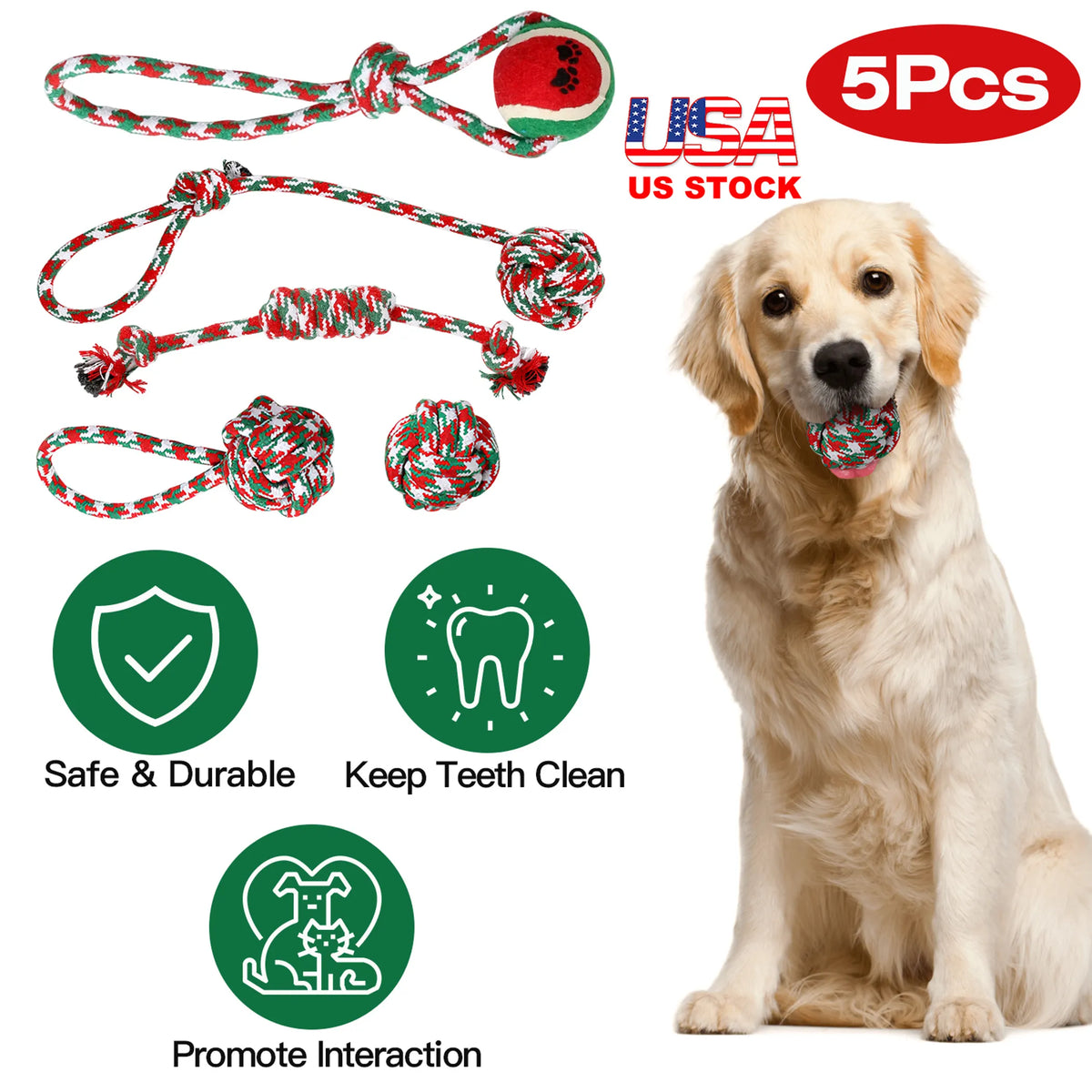 Christmas Rope Toy Set for Dogs, 5 Pieces