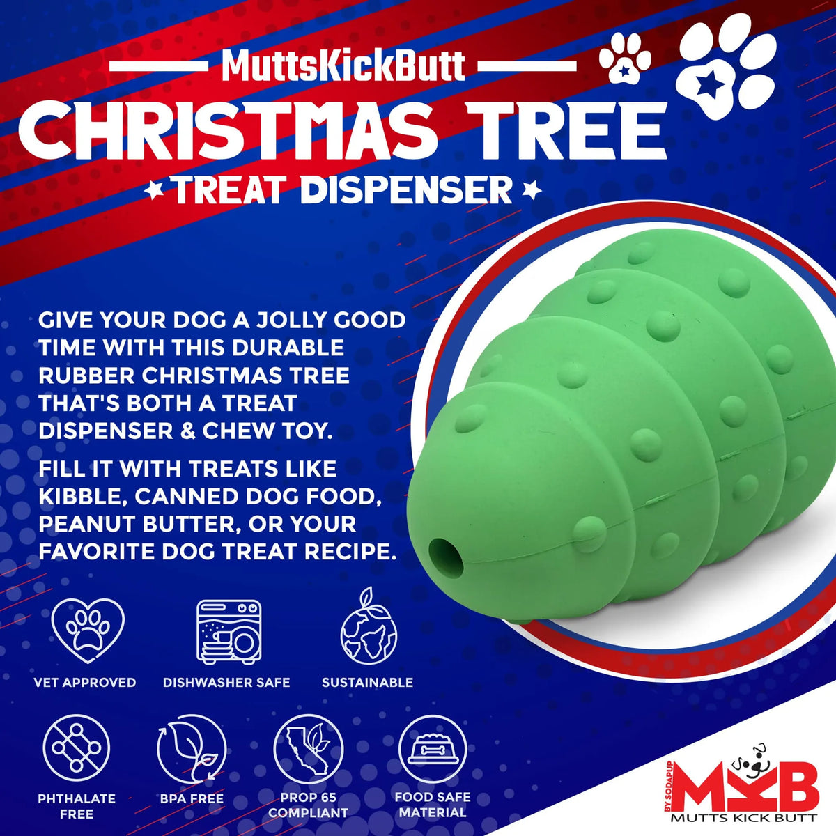 SodaPup Christmas Tree Chew Toy, Durable Rubber